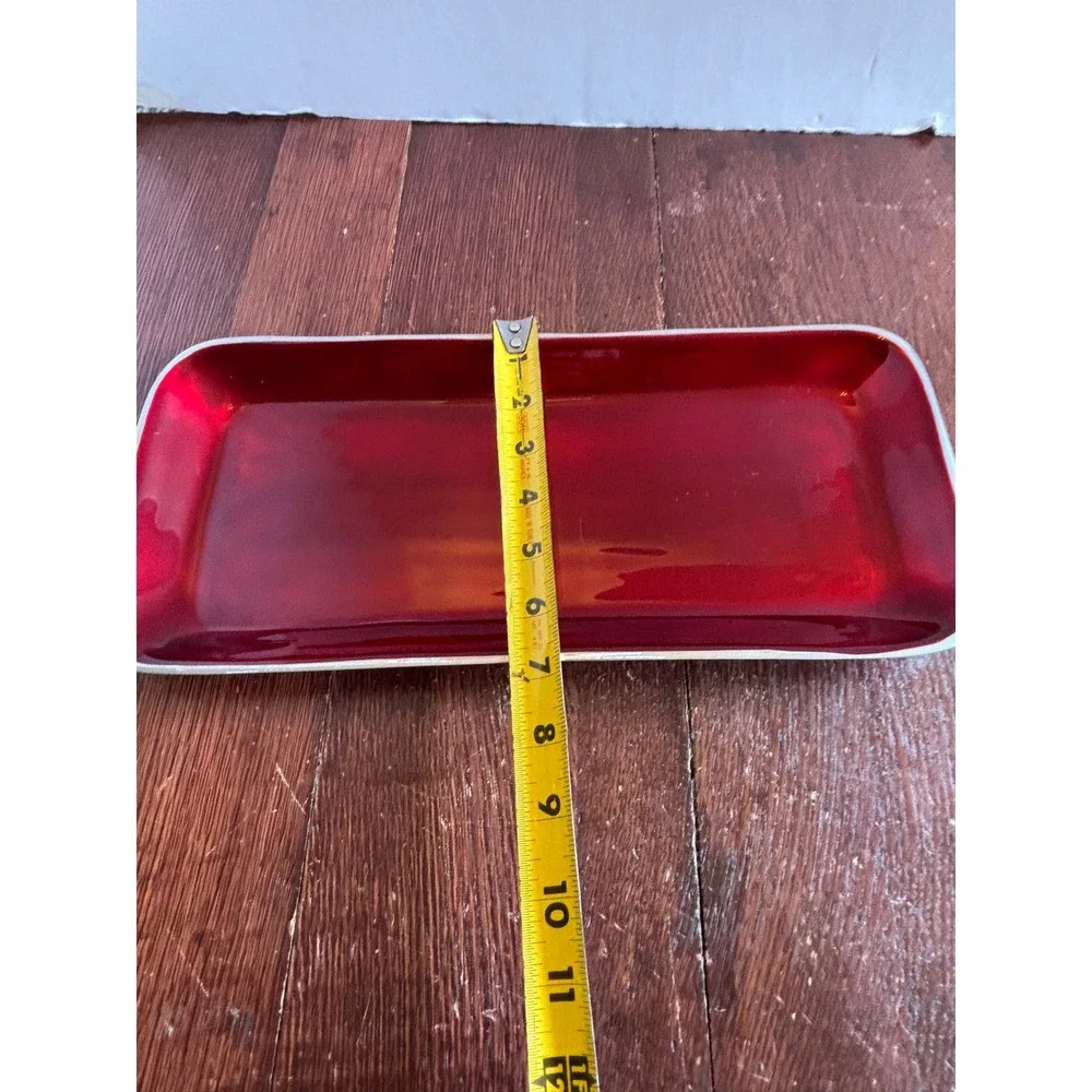 Red Enamel Metal Serving Tray Rectangular Silver Trim Holiday Decor‎ 14.5 Inch